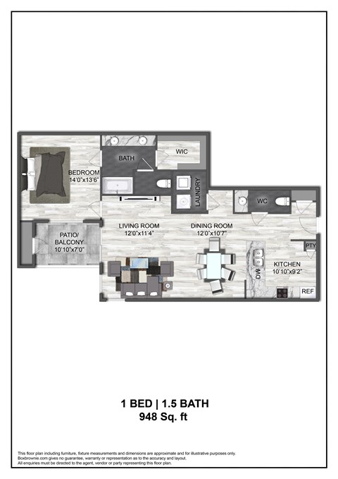 A floor plan of a one bedroom apartment with a bathroom, living room, dining room, kitchen, and patio.